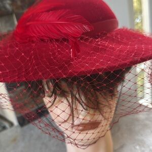 Doeskin Vintage design by Sylvia New York Elegant Red Feathered Hat made in USA